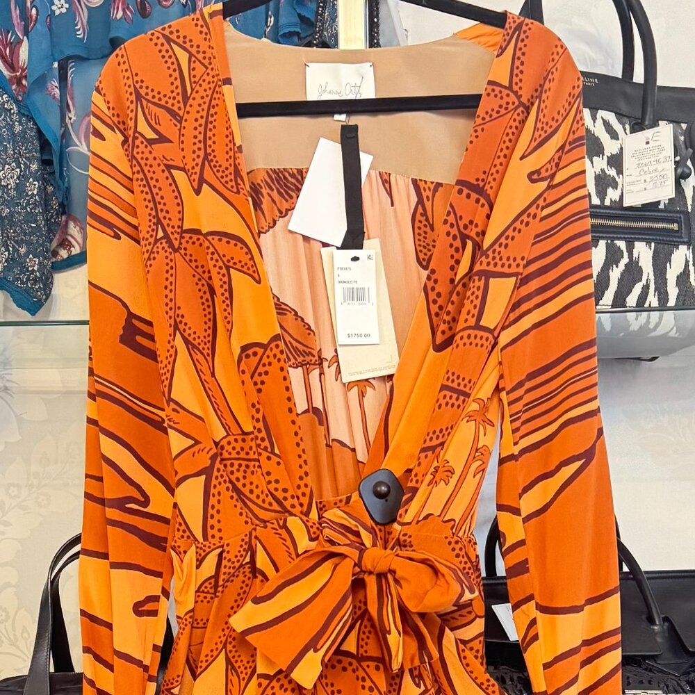 Johanna Ortiz Ancient Societies Palm-Print Long-Sleeve Midi Wrap Dress - size 8